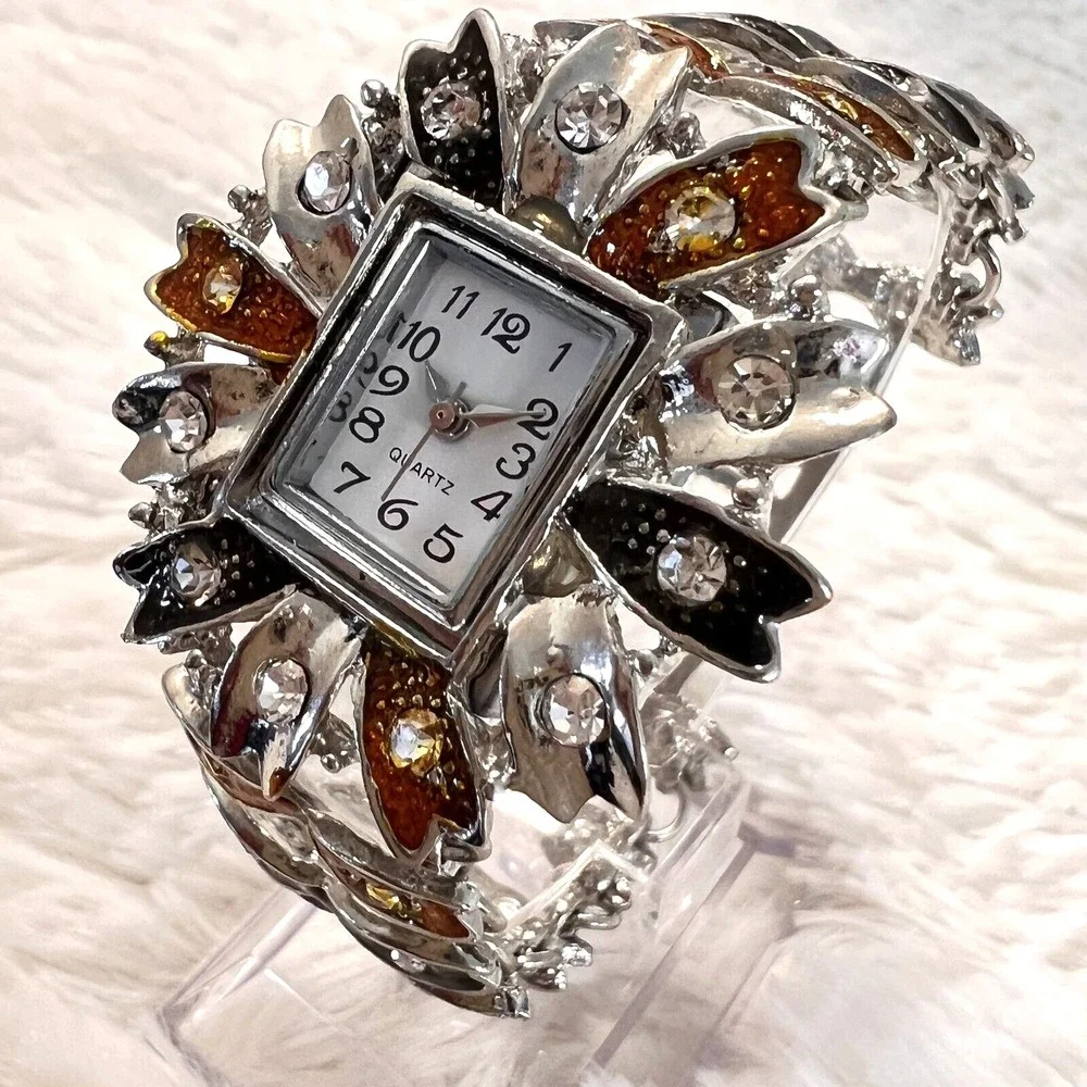 Women's Watch Floral‎ Brown/Black Silver Tone Bracelet Wristwatch 6.5 in